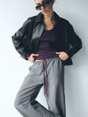 ​H&M Divided Gray Straight Legs Dress Pants Burgundy Drawstring Size S